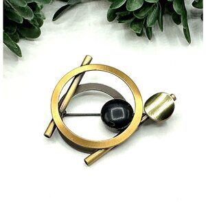 Vintage Geometric Brooch Pin Brass and Black Tones by Christophe Poly